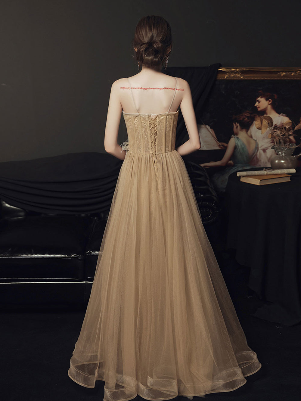 A line champagne long prom dress lace long formal dress shdress A line champagne long prom dress lace long formal dress shdress