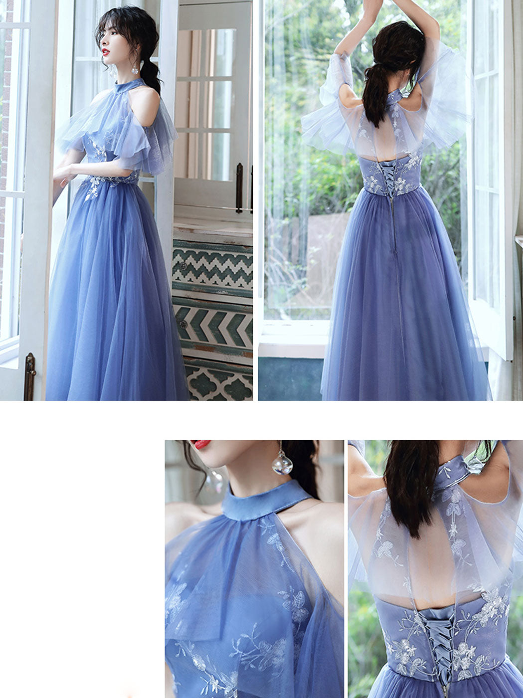 
                  
                    Blue tulle lace short prom dress blue tulle cocktail dress
                  
                