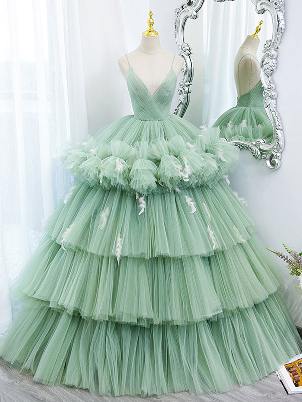 Green v neck tulle long prom gown, green tulle sweet 16 dress shdress Green v neck tulle long prom gown, green tulle sweet 16 dress shdress