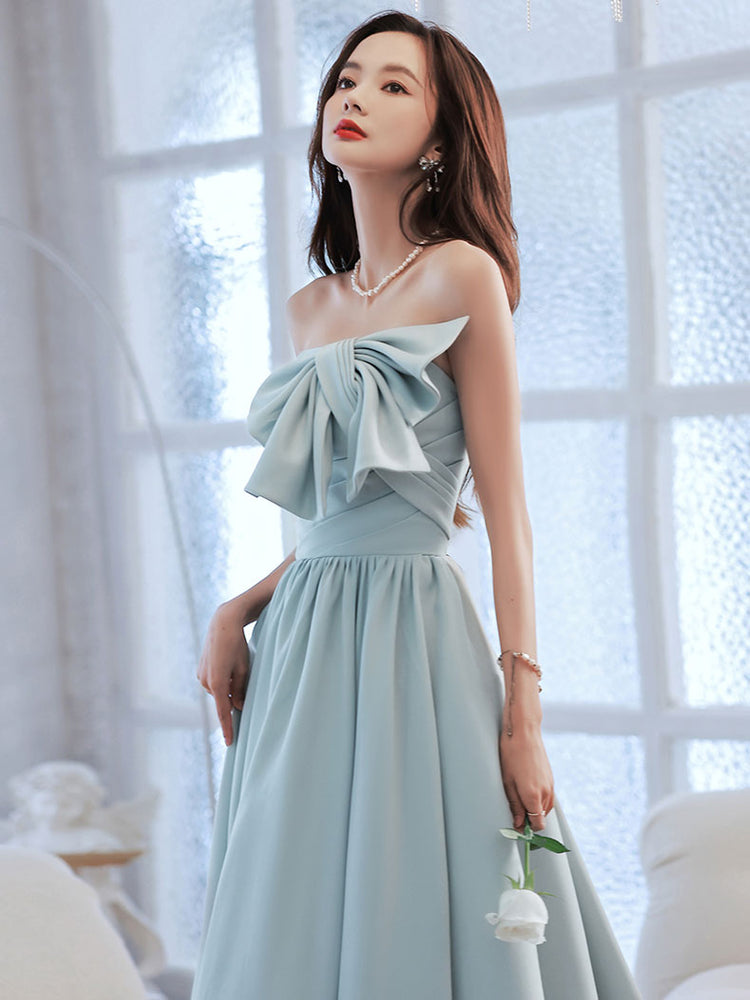 
                  
                    Blue satin A line long prom dress, blue bridesmaid dress
                  
                