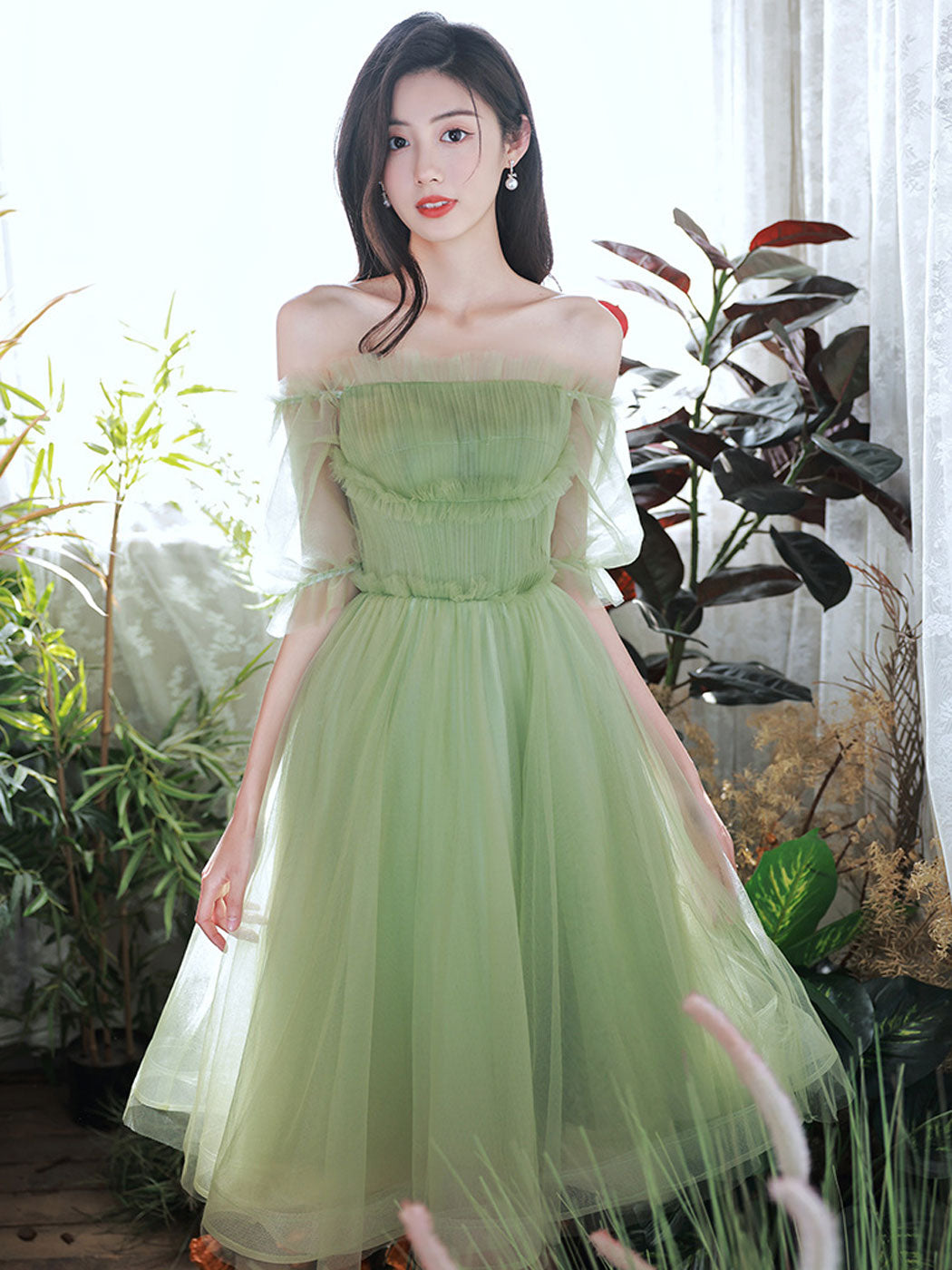 Mustard Green Off The Shoulder Tulle Homecoming Dress Short Cocktail Dresses