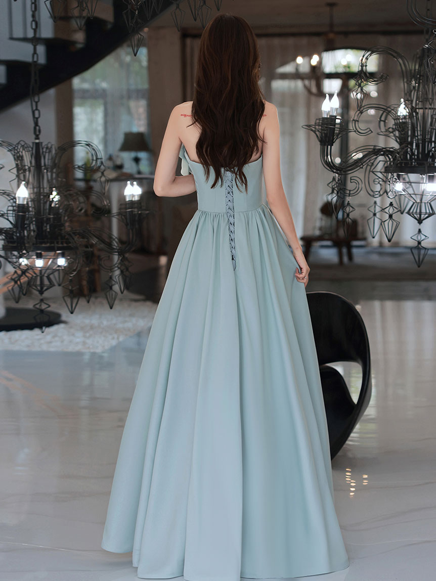 
                  
                    Blue satin A line long prom dress, blue bridesmaid dress
                  
                