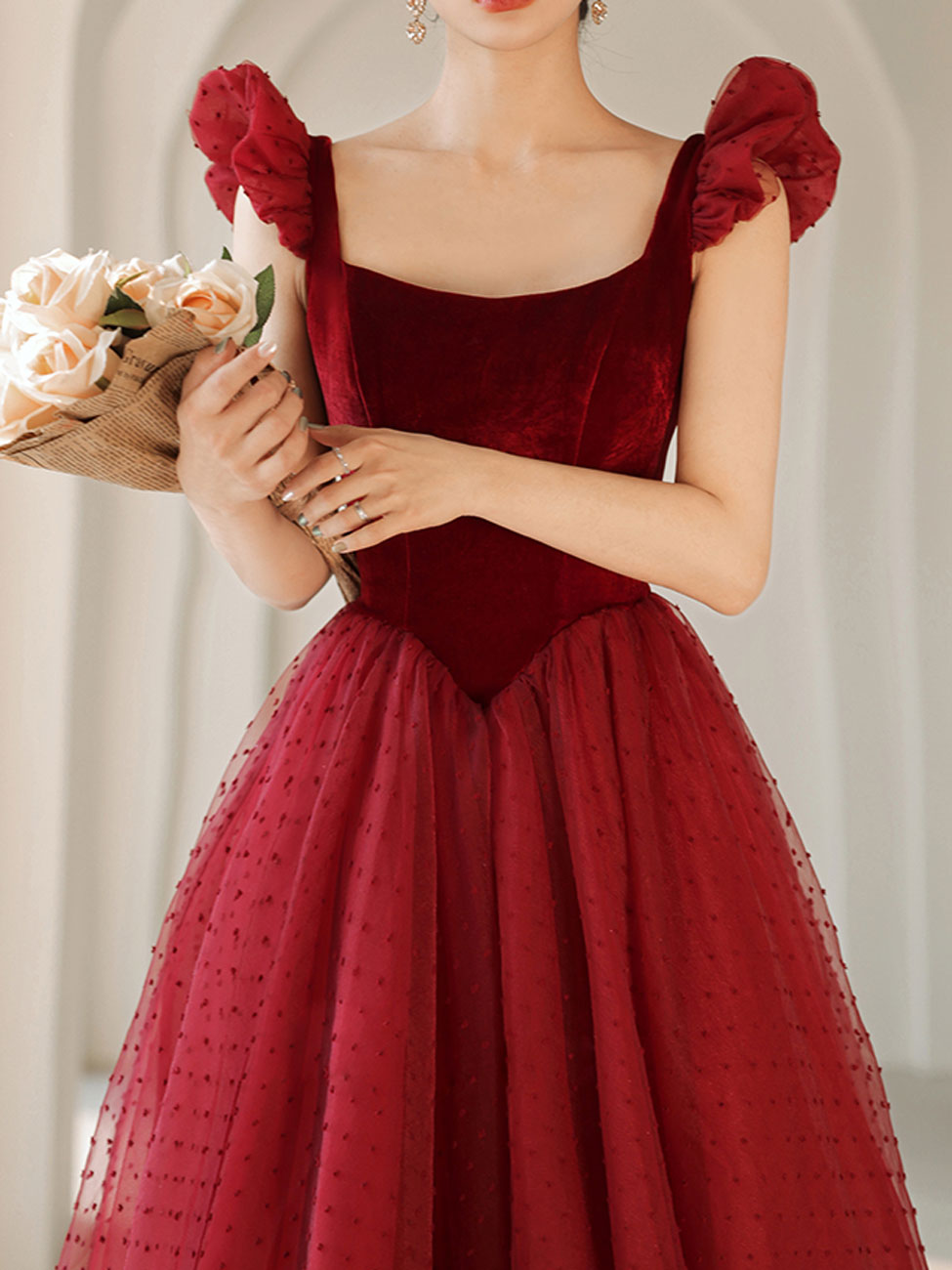 Burgundy tea on sale length bridesmaid dresses