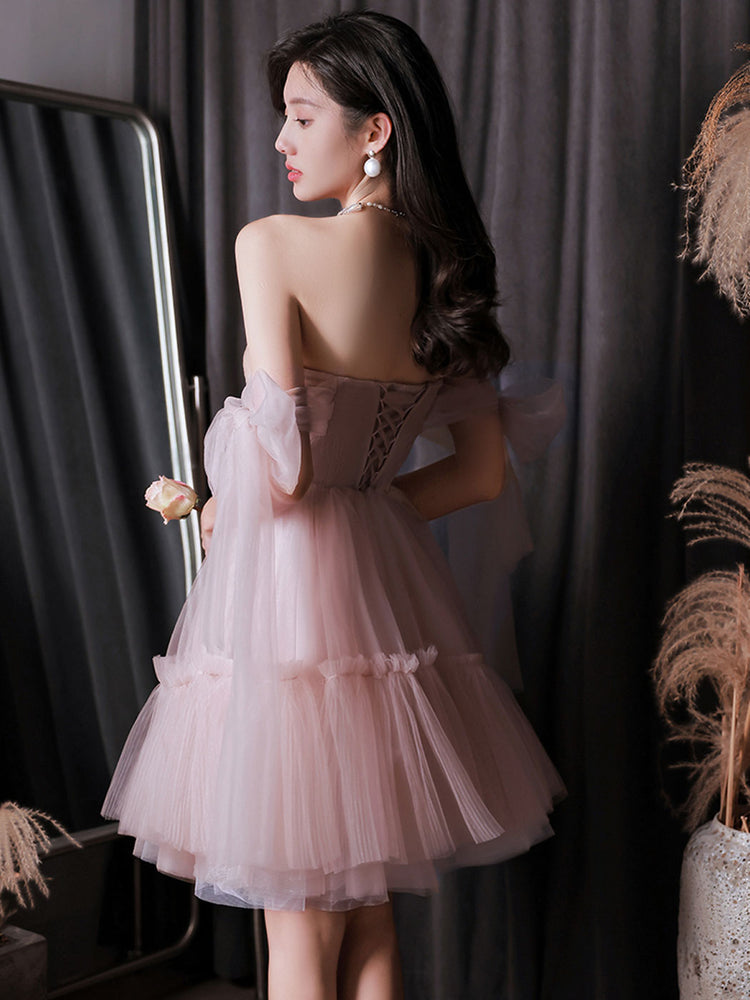 
                  
                    Pink tulle off shoulder short prom dress pink homecoming dress
                  
                