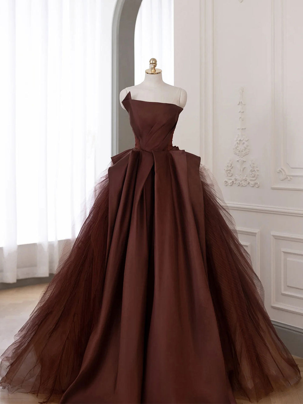 Brown Satin Tulle Long Prom Gown, Brown Long Evening Dresses shdress Brown Satin Tulle Long Prom Gown, Brown Long Evening Dresses shdress