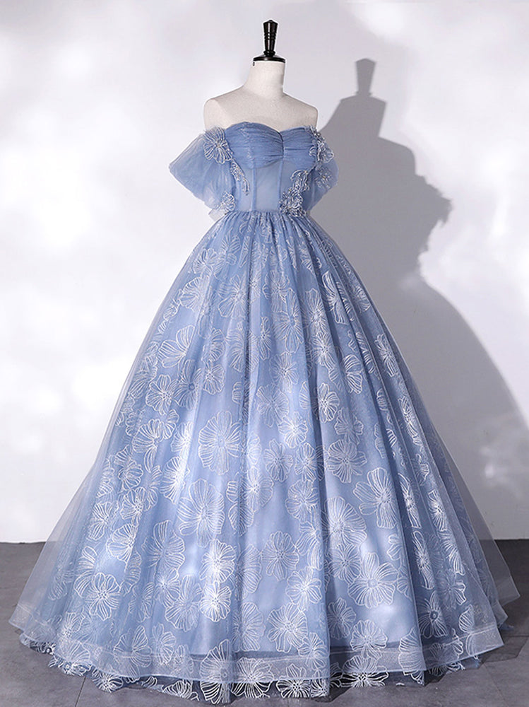 
                  
                    A-Line Sweetheart Neck Tulle Lace Long Prom Dress, Blue Sweet 16 Dress
                  
                