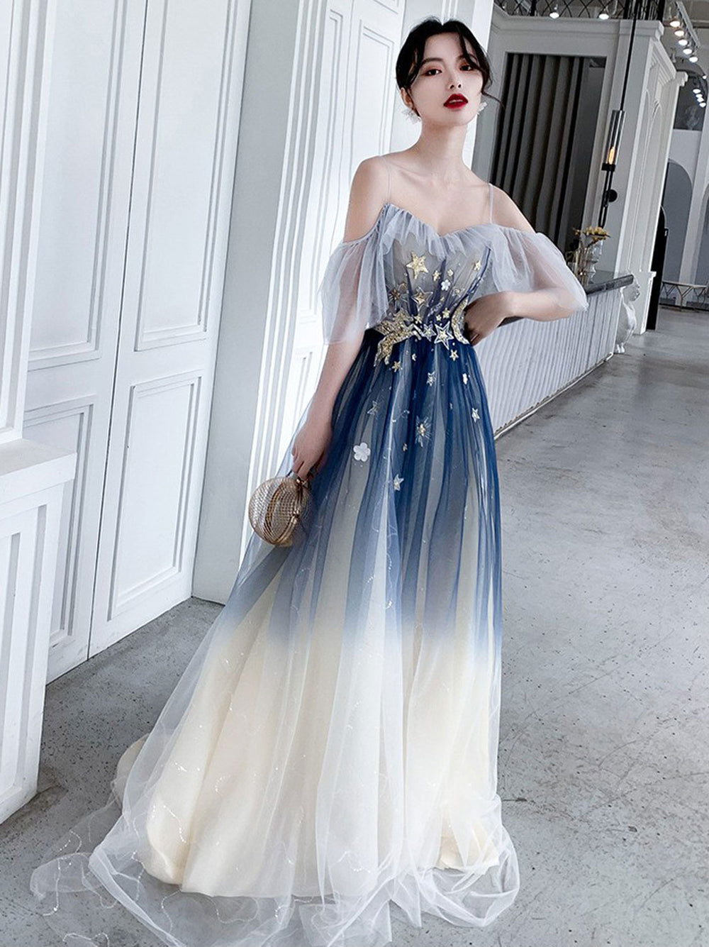Blue Aline tulle long prom dress blue tulle formal dress