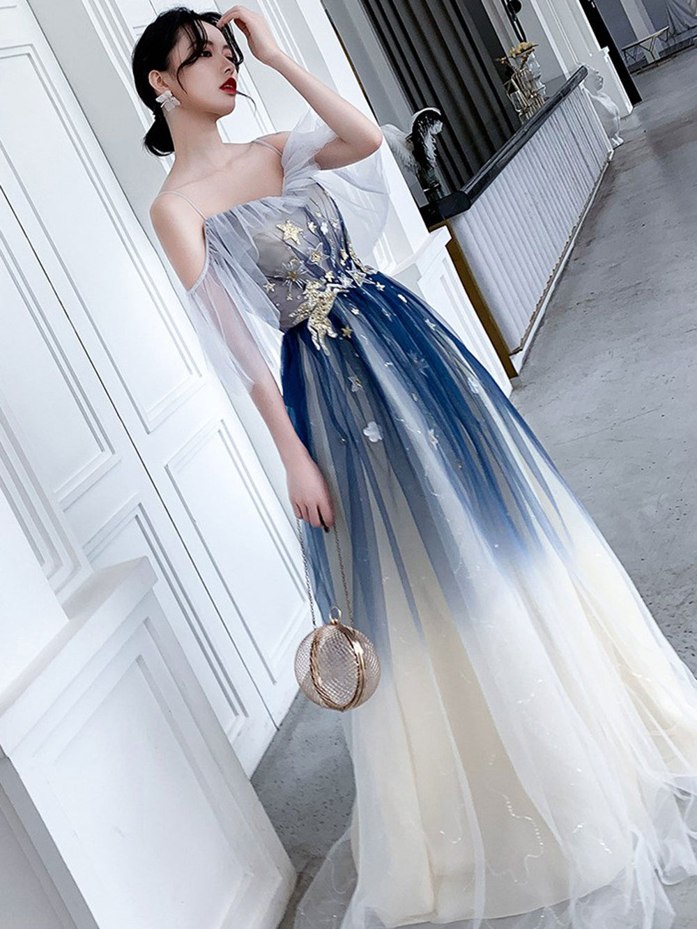 Blue Aline tulle long prom dress blue tulle formal dress shdress Blue Aline tulle long prom dress blue tulle formal dress shdress