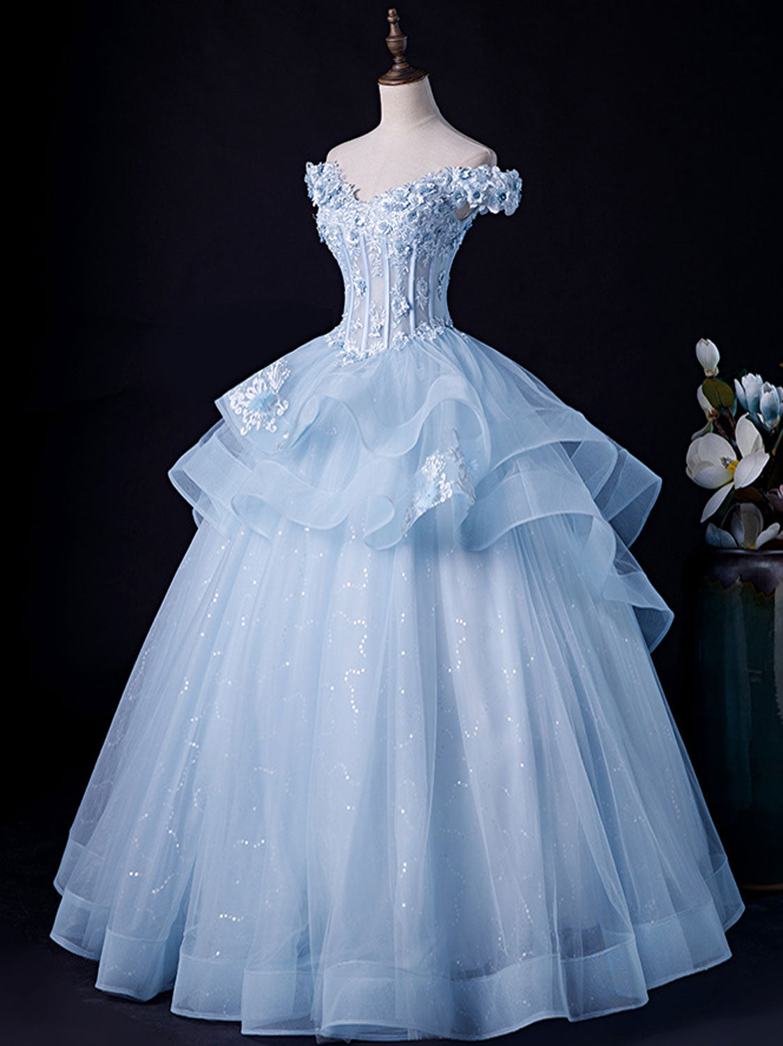 A-Line Off Shoulder Lace Tulle Blue Long Prom Dress