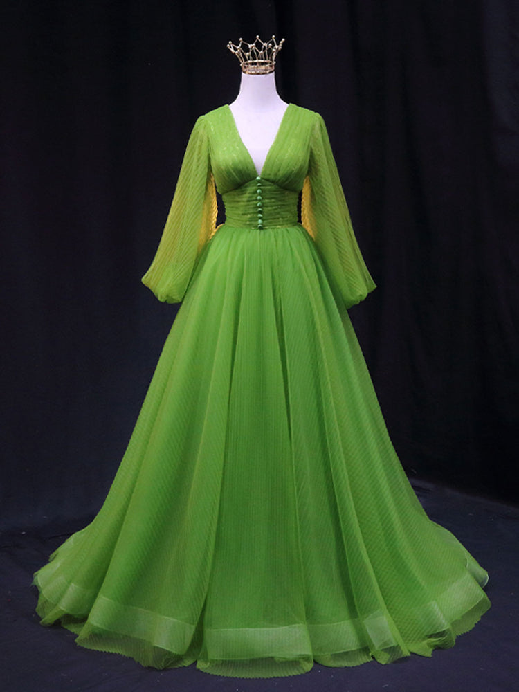 
                  
                    Green A Line Long Prom Dresses, V Neck Green Tulle Long Formal Evening Dresses
                  
                