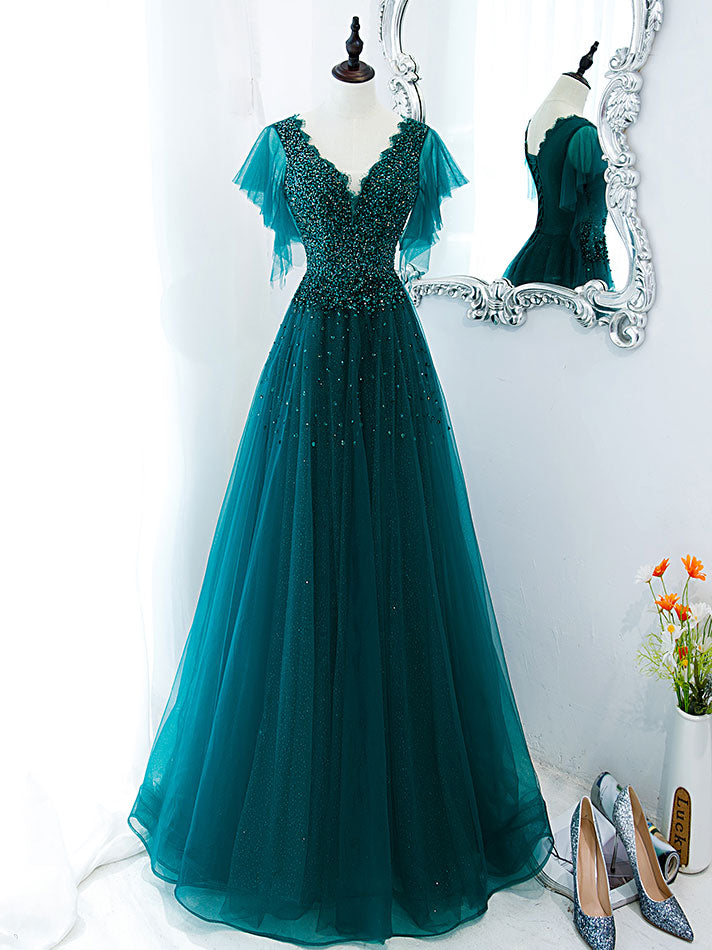 Green v neck tulle beads long prom dress, green tulle formal dress shdress Green v neck tulle beads long prom dress, green tulle formal dress shdress