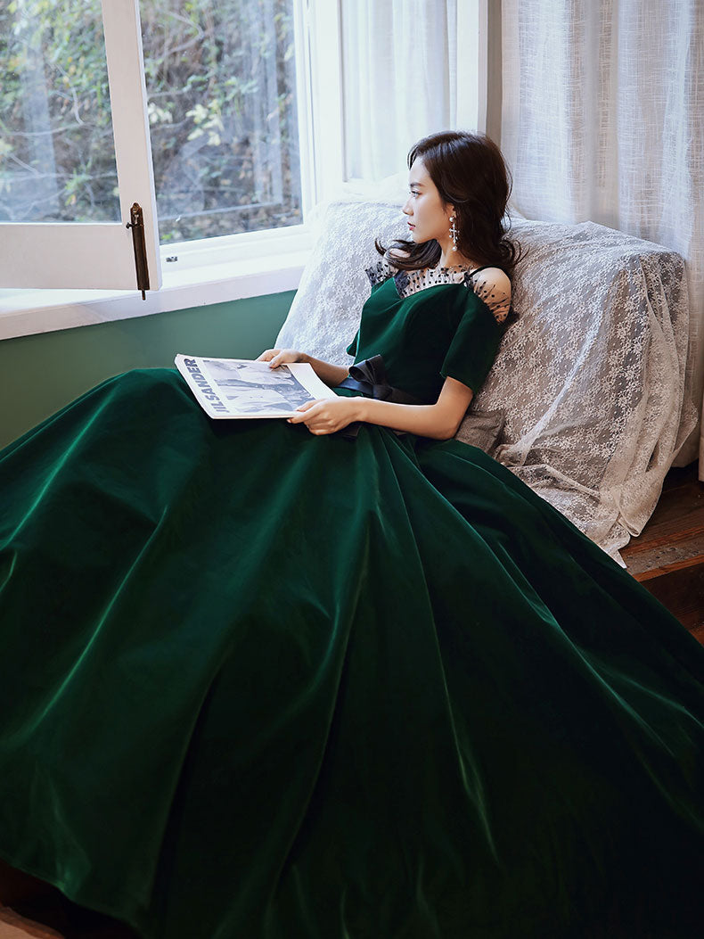 Emerald Dark Green Velvet Prom Dress Simple Dark Green Long Velvet Formal Dress With Gold Beading Emerald Dark Green Velvet Prom Dress Simple Dark Green Long Velvet Formal Dress With Gold Beading