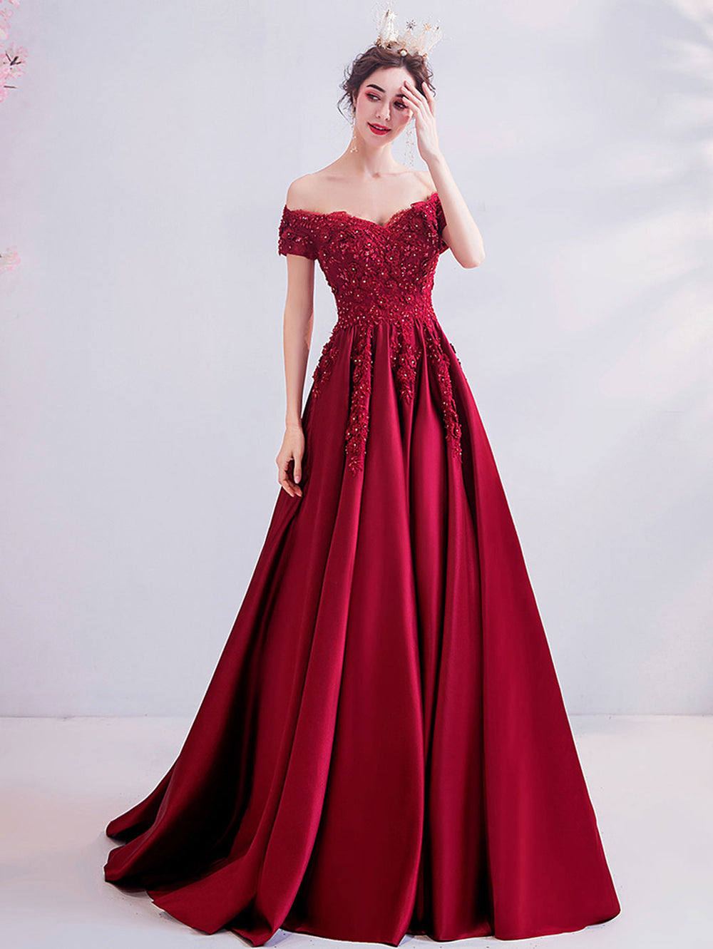 Burgundy A-Line Satin Lace Long Prom Dresses, Burgundy Formal Graduati shdress Burgundy A-Line Satin Lace Long Prom Dresses, Burgundy Formal Graduati shdress