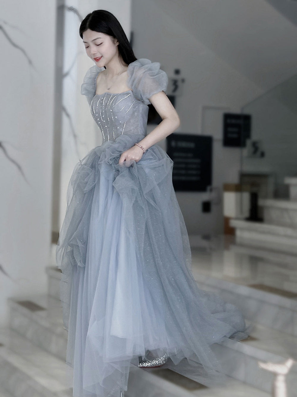 Gray tulle beads long prom dress, gray tulle formal dress