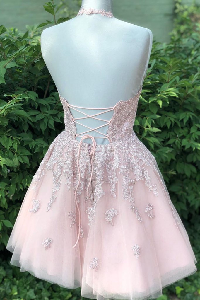 
                  
                    Pink tulle lace short prom dress, pink tulle lace homecoming dress
                  
                