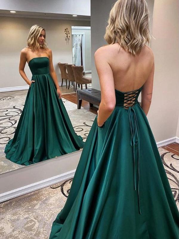 Simple green satin long prom dress, green A line evening dress