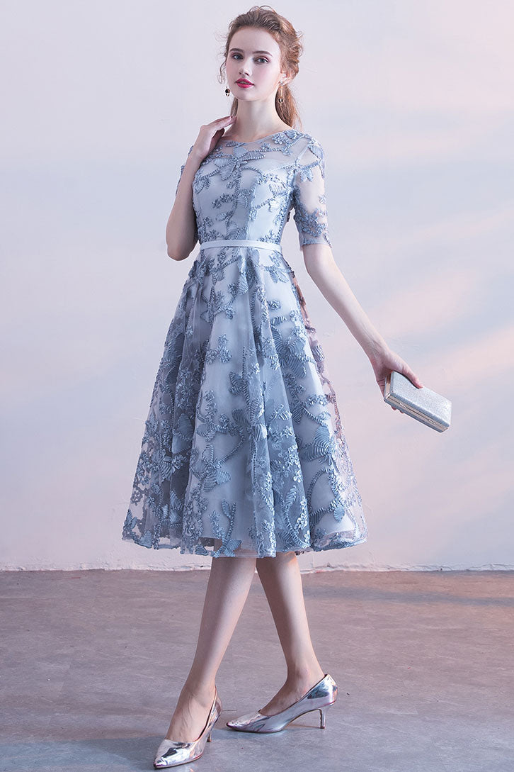 blue tulle lace short prom dress, blue homecoming dress