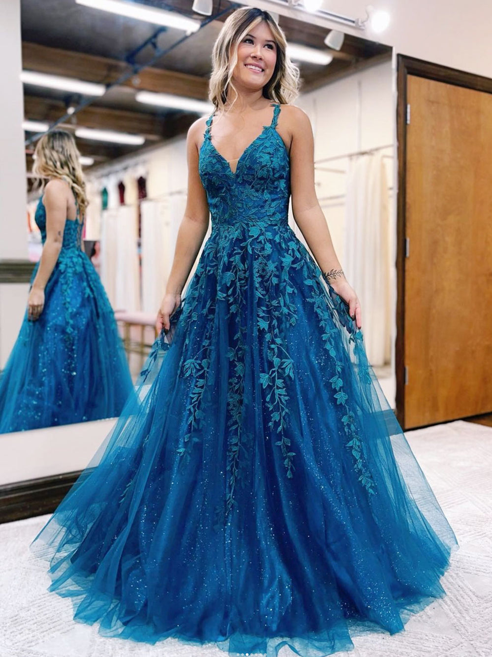 A-Line V Neck Tulle Lace Long Prom Dress, Blue Tulle Lace Evening Dress
