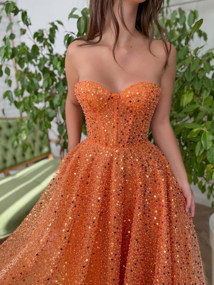 Orange Sweetheart Neck Sequin Tea Length Prom Dress