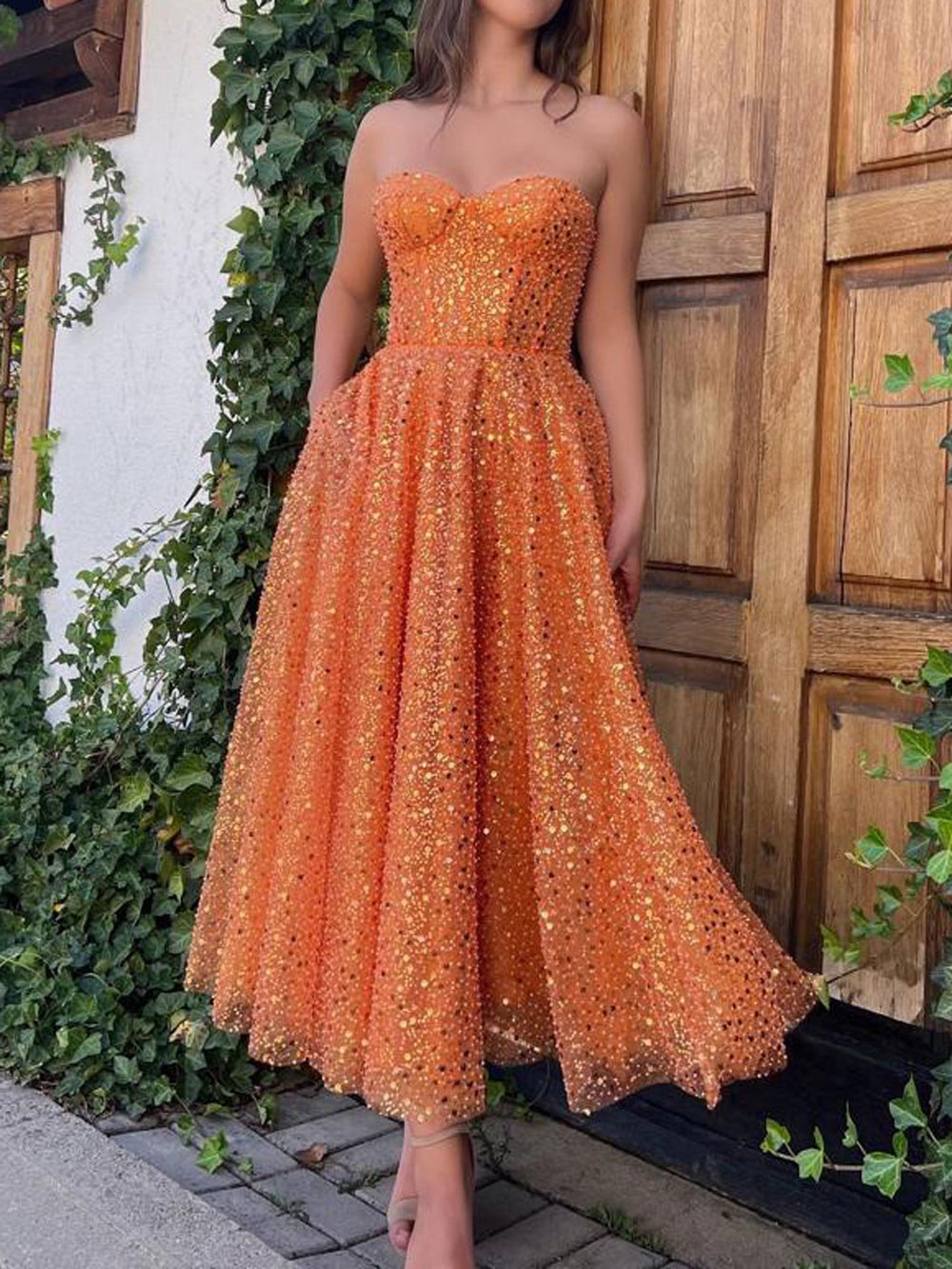 Orange Sweetheart Neck Sequin Tea Length Prom Dress, Sequin Formal Evening Dress