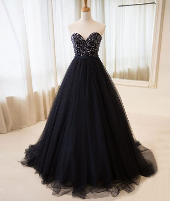 Black tulle sweetheart neck long prom dress, black evening dress - shdress