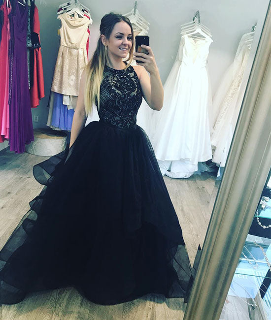 Black tulle lace long prom dress, evening dress - shdress