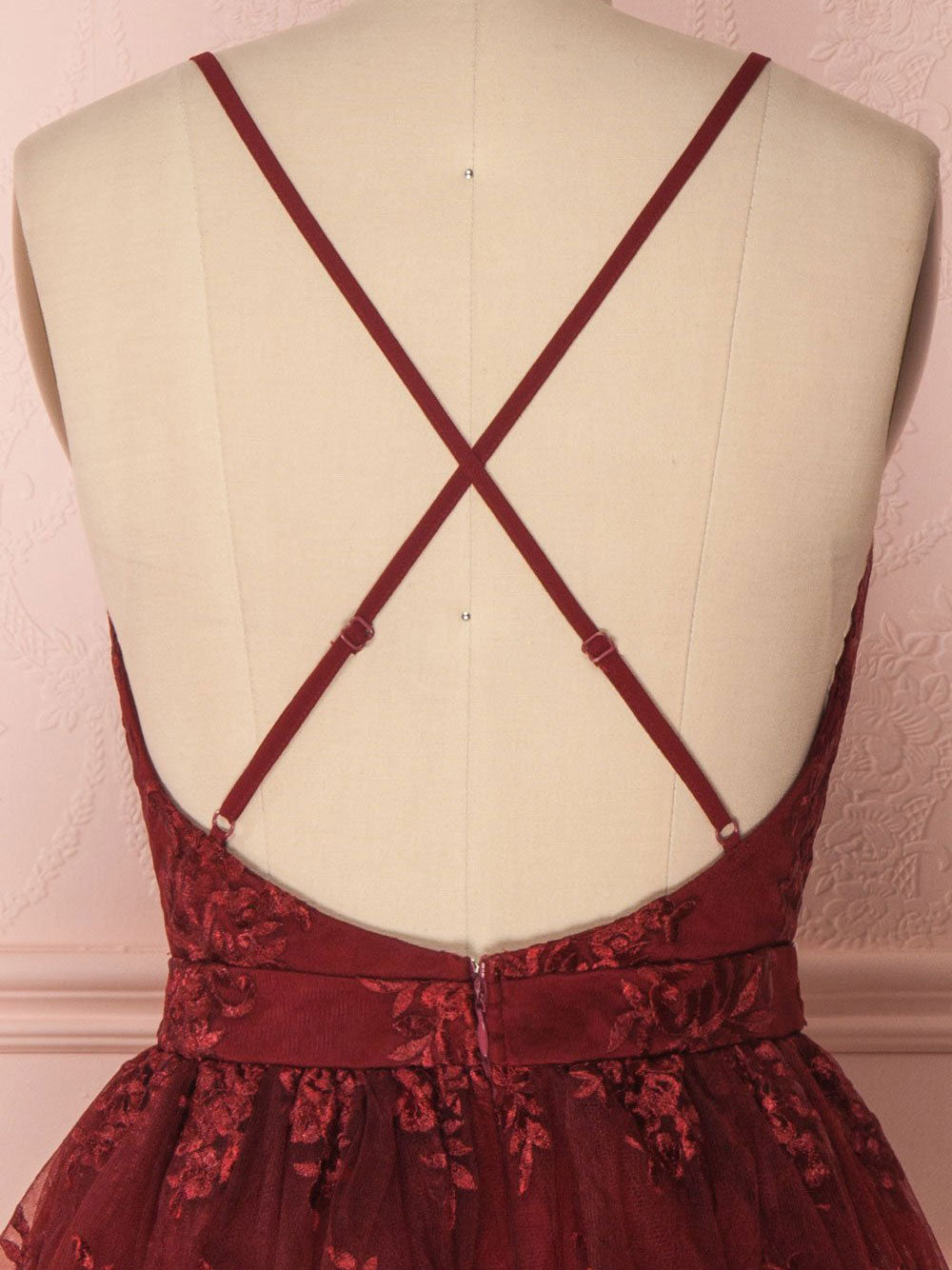 Aline v neck tulle lace short burgundy prom dresses, backless burgundy shdress Aline v neck tulle lace short burgundy prom dresses, backless burgundy shdress