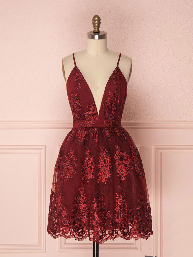 Aline v neck tulle lace short burgundy prom dresses, backless burgundy shdress Aline v neck tulle lace short burgundy prom dresses, backless burgundy shdress