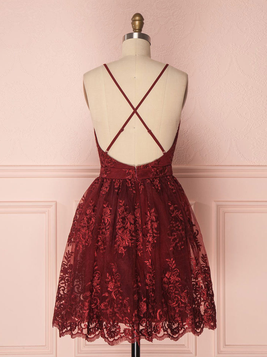 Aline v neck tulle lace short burgundy prom dresses, backless burgundy shdress Aline v neck tulle lace short burgundy prom dresses, backless burgundy shdress
