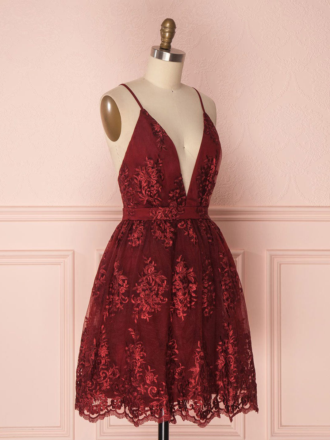 Aline v neck tulle lace short burgundy prom dresses, backless burgundy shdress Aline v neck tulle lace short burgundy prom dresses, backless burgundy shdress