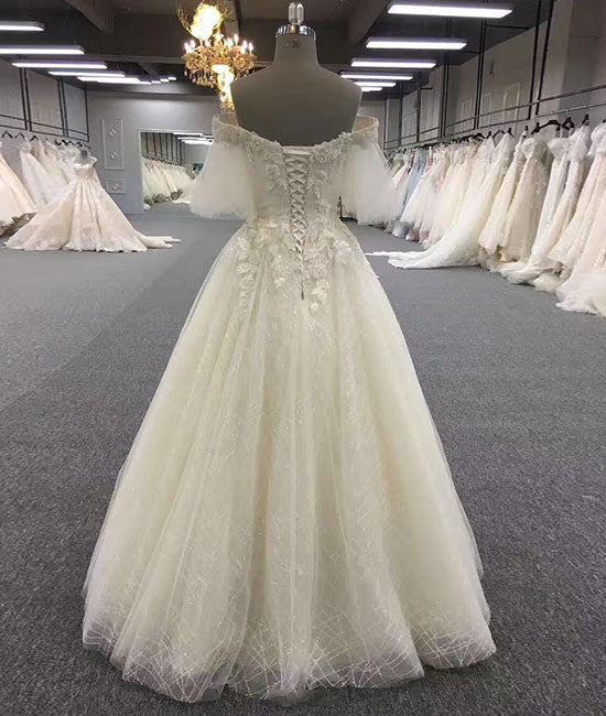 Ivory v neck tulle lace long prom dress, evening dress - shdress