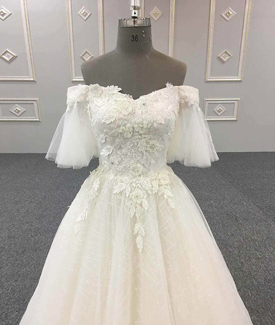 Ivory v neck tulle lace long prom dress, evening dress - shdress