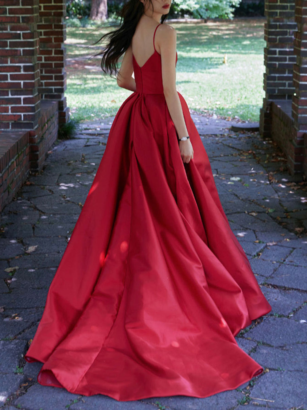 Simple red satin long prom dress, red satin evening dress – shdress