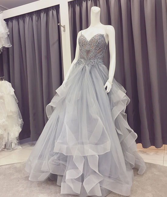 Gray lace tulle long prom dress, sweetheart neck evening dress - shdress