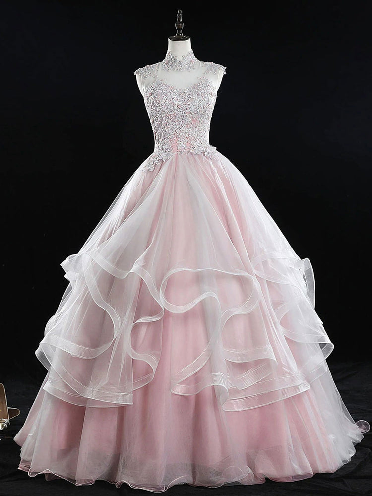 
                  
                    Pink high neck tulle lace long prom dress, pink sweet 16 dress
                  
                