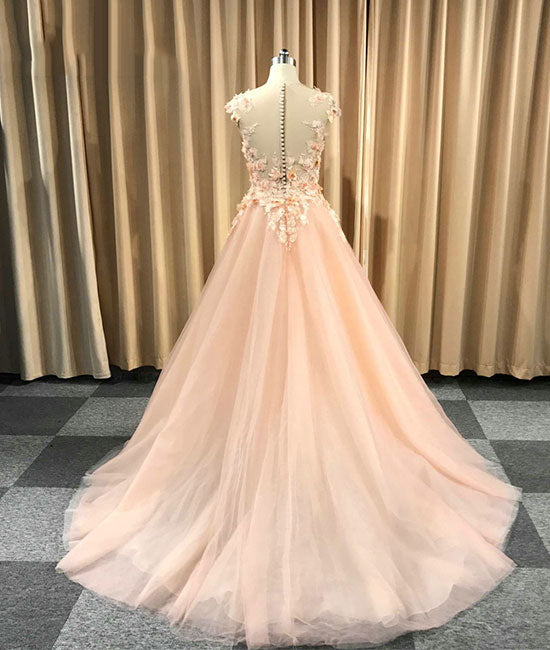 
                  
                    Pink round neck tulle lace applique long prom dress, evening dress - shdress
                  
                