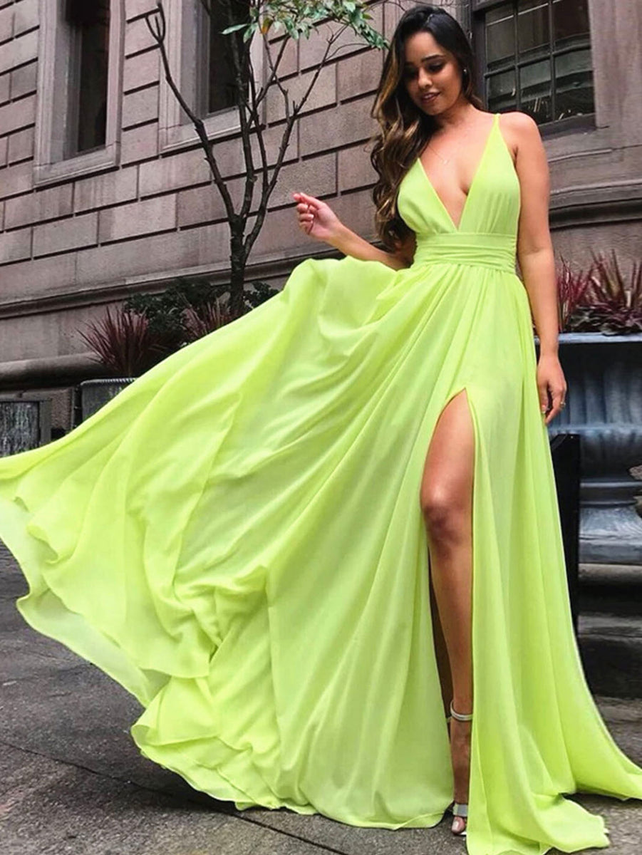Simple V neck Chiffon Yellow Long Prom Dresses, Yellow Evening Dresses –  shdress
