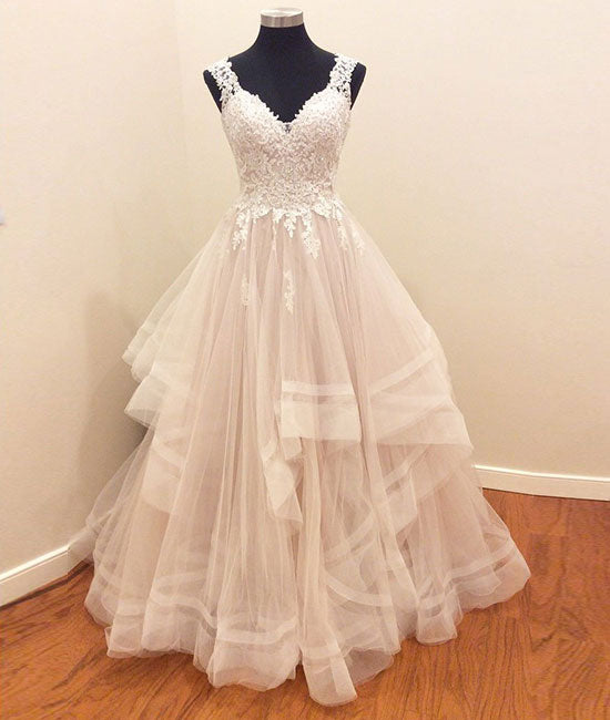 Custom made tulle lace long prom gown, lace evning dress - shdress