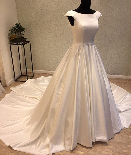 White round neck satin long prom gown, evening dress - shdress