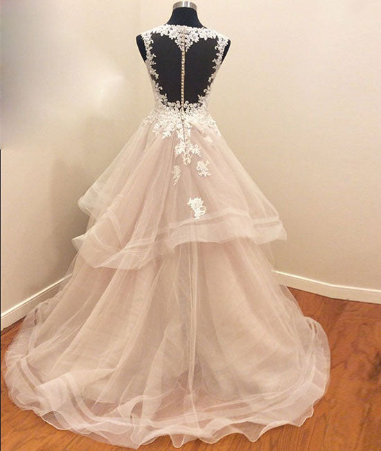 Custom made tulle lace long prom gown, lace evning dress - shdress