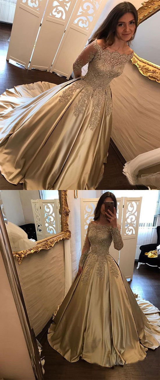 Gold satin lace long prom dress, long sleeve evening dress – shdress