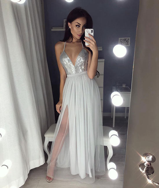 Gray v neck tulle long prom dress, gray evening dress - shdress