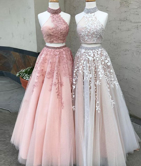 Custom made two pieces tulle long prom dress, lace evening dress - shdress