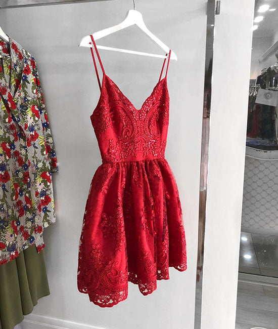 
                  
                    Red v neck lace short prom dress, homecoming dress - shdress
                  
                