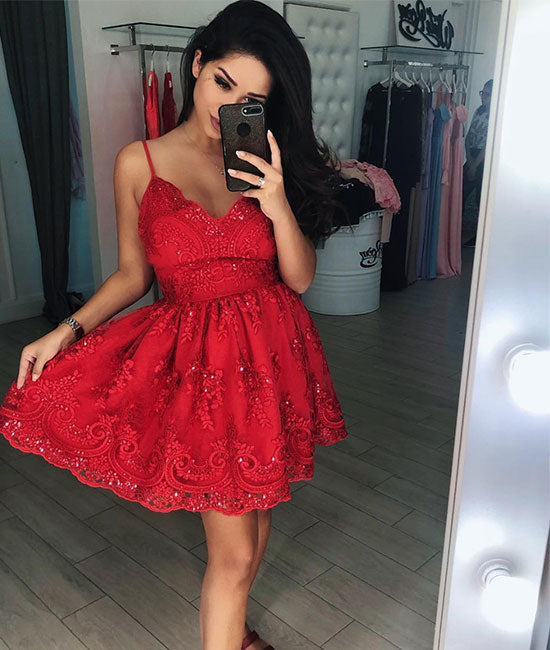 
                  
                    Red v neck lace short prom dress, homecoming dress - shdress
                  
                