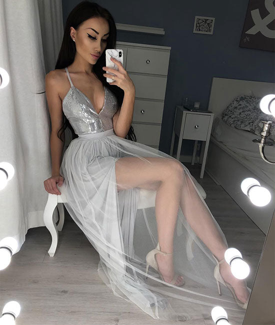 
                  
                    Gray v neck tulle long prom dress, gray evening dress - shdress
                  
                