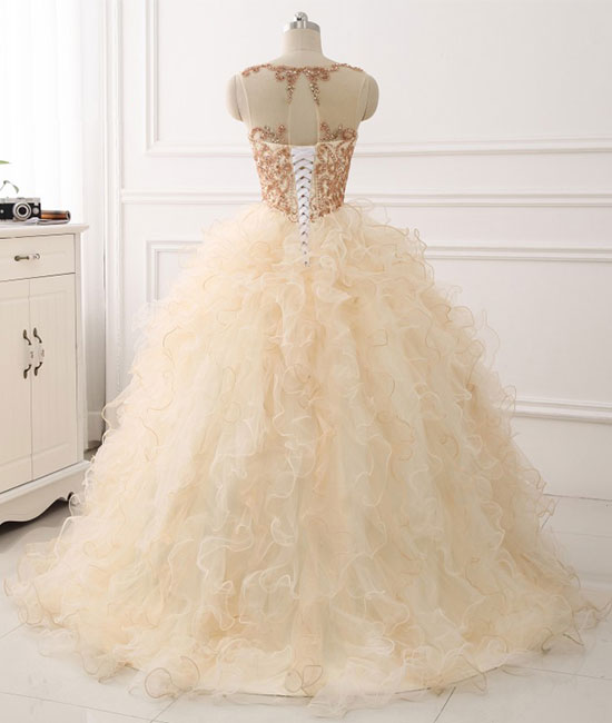 
                  
                    Champagne round neck tulle long prom gown ,champagne evening dress - shdress
                  
                