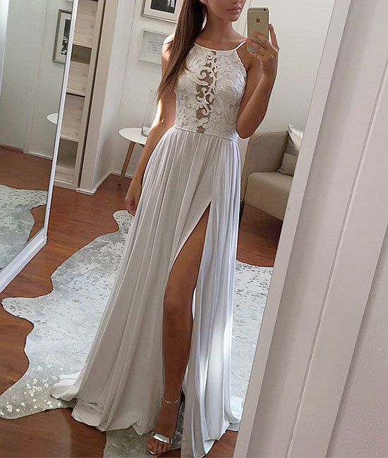 Simple white lace chiffon long prom dress, white evening dress - shdress
