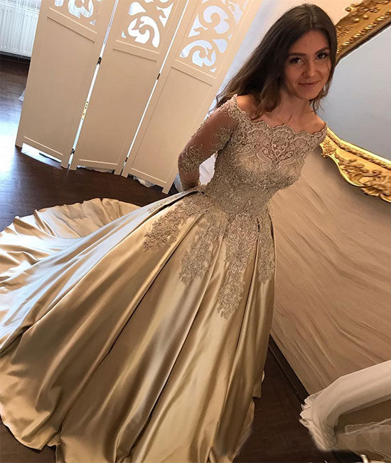 Gold satin lace long prom dress, long sleeve evening dress – shdress