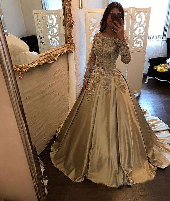 Gold satin lace long prom dress, long sleeve evening dress shdress Gold satin lace long prom dress, long sleeve evening dress shdress